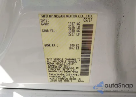 2017 Nissan Altima 2.5 S z USA, uszkodzony, nr VIN 1N4AL3AP5HC254442